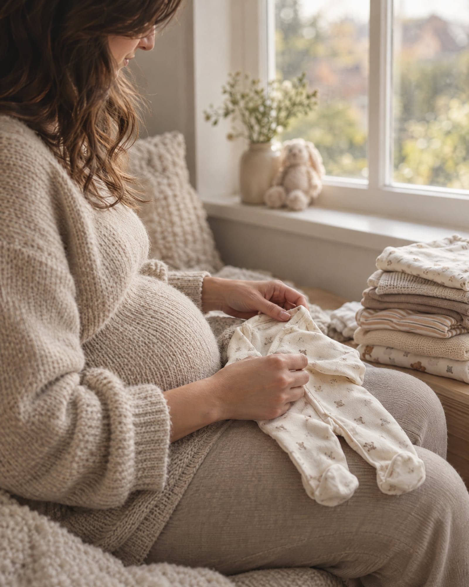 An expecting mum folding tiny baby clothes by the window