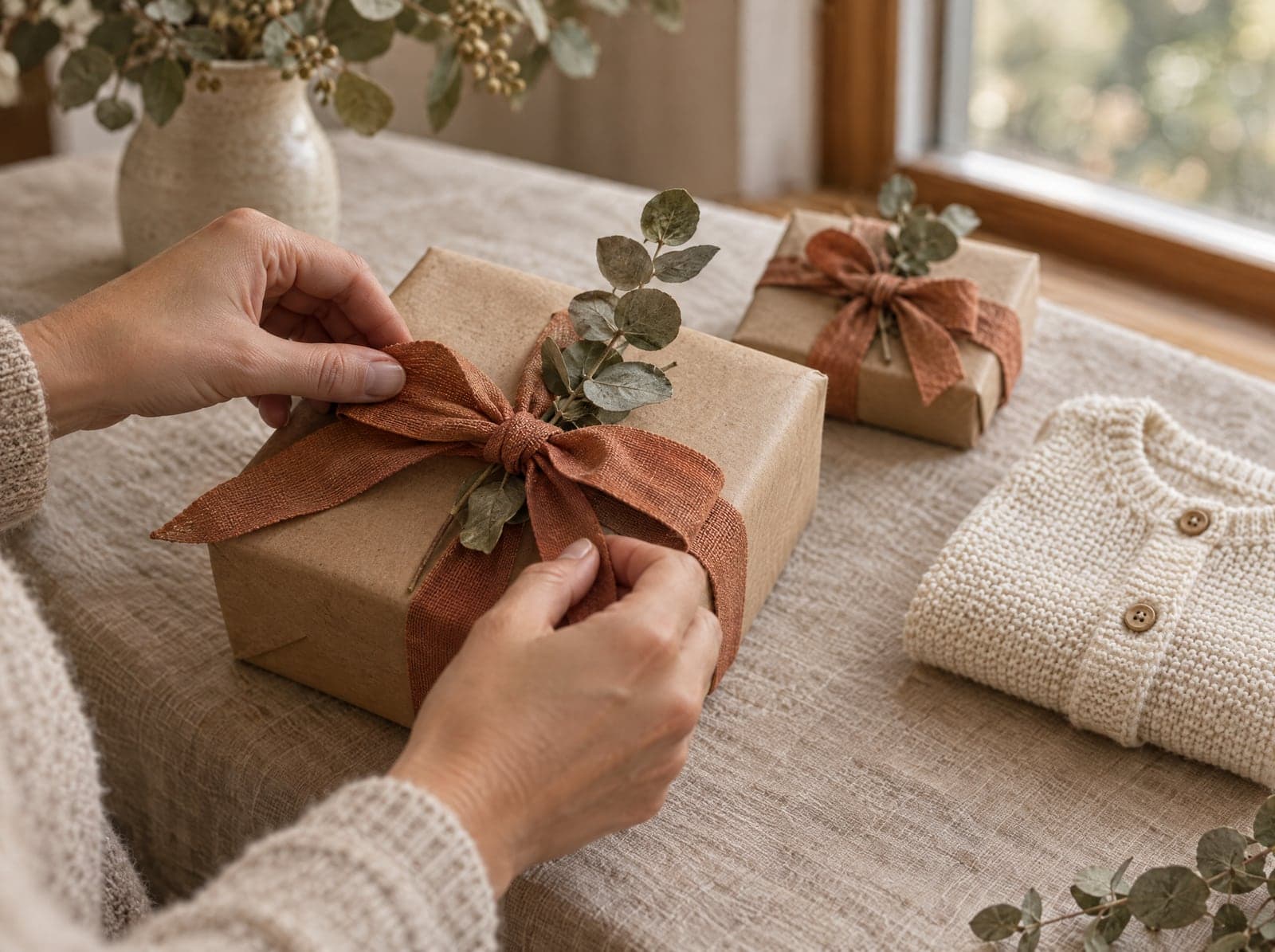 Hands tying a ribbon on a baby gift