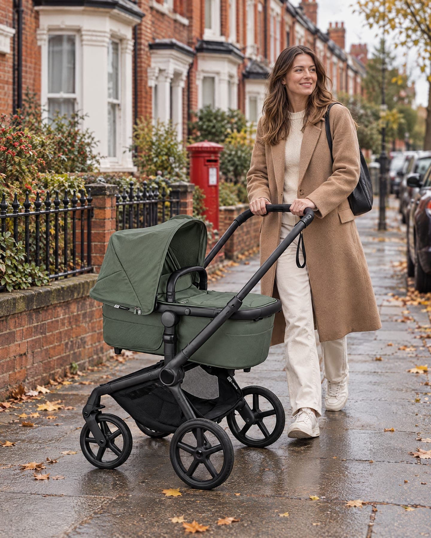 A mum pushing a forest-green Bugaboo Fox 5 pram along a street of red-brick terraced houses