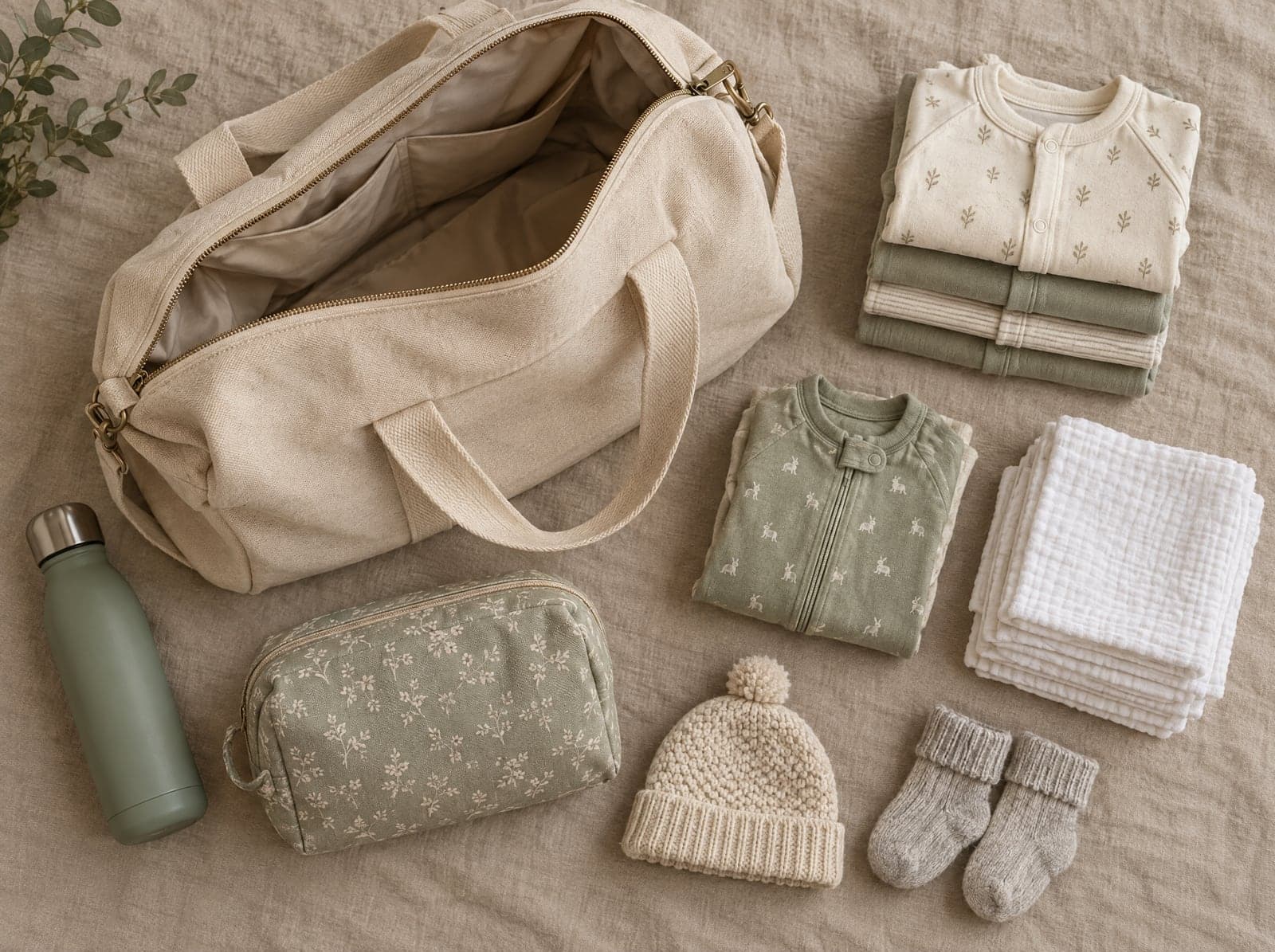 A hospital bag being packed with tiny baby clothes