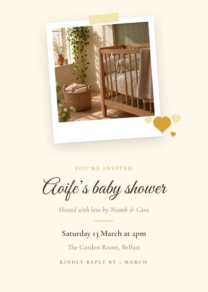 Polaroid baby shower invitation with a nursery photo